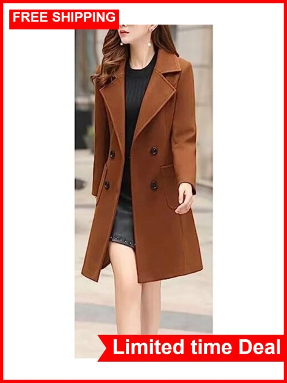 Women's Wool Blend Pea Coat Double Breasted Notch Lapel Knee Length Overcoat